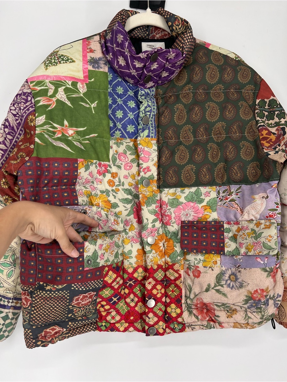 FOUND Mixed Floral Print Garden Patchwork Colorful Bohemian Puffer Coat XS - Picture 8 of 14